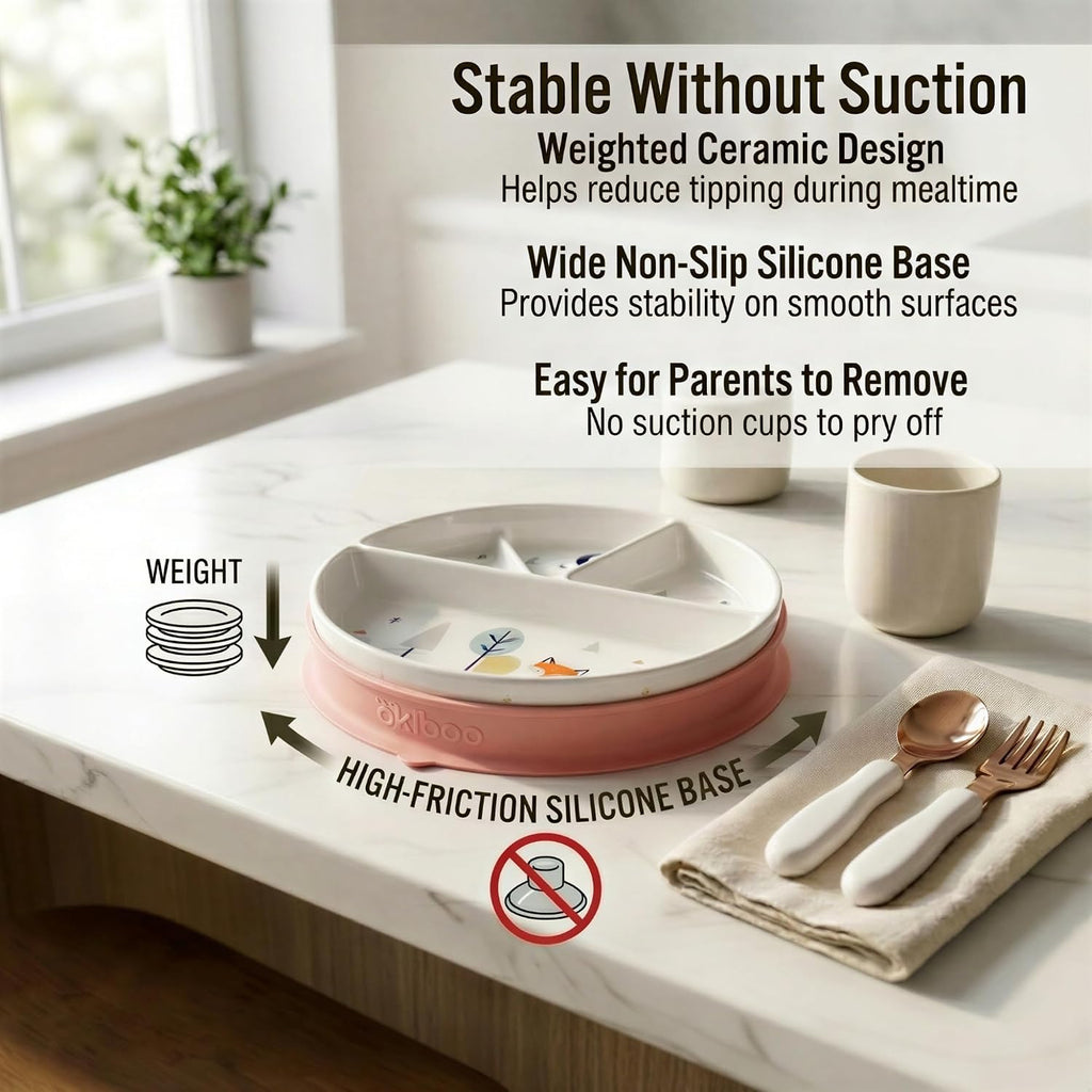 Divided Ceramic Toddler Plates, 8 Inch Divided Baby Plate with Lid