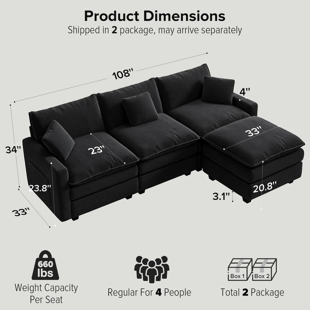 108 Inch Cloud Couch Sectional, Modular Sectional Sofa with Ottoman, Black