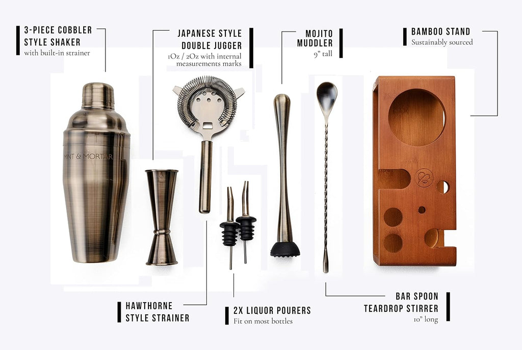 Cocktail Shaker Set - 7-Piece Stainless Steel Bartender Kit with Premium Bamboo Stand Bartending - All-in-One - Set of 7
