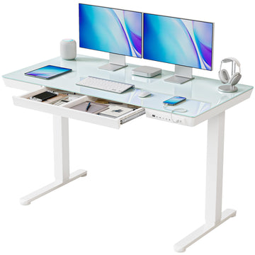 48 Inch One-Piece Standing Desk with Glass Top and Drawer, White