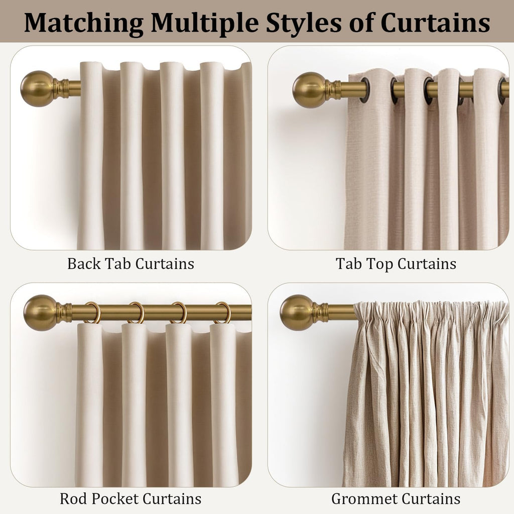 Warm Gold Curtain Rods for Windows Small 28 to 48 Inch 1" Diameter Short Adjustable Heavy Duty Antique Brass Metal