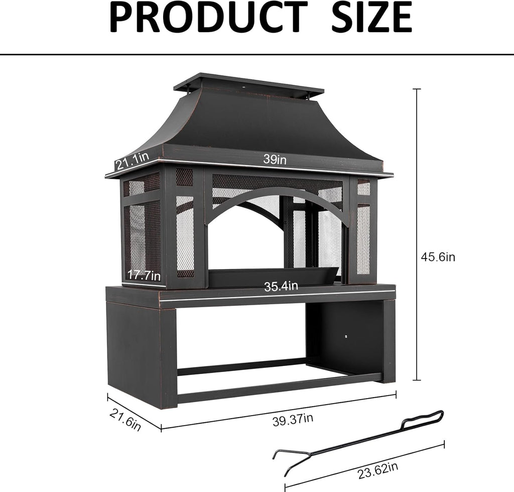 39" Fire Pits with Wood Storage for Outside, Large Wood Burning Outdoor Fireplace with Chimney