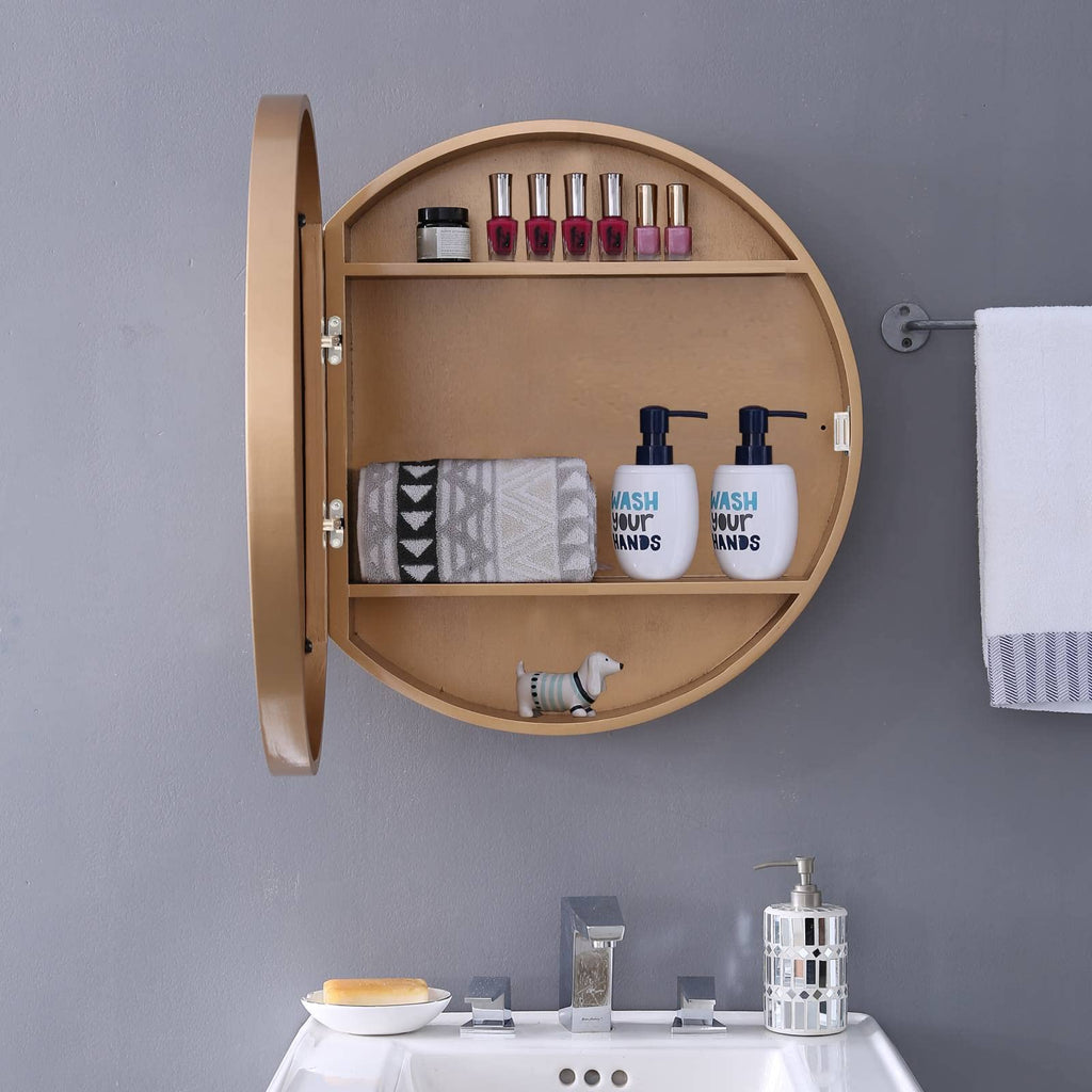 Medicine Cabinet Bathroom Space Saver Storage Round Cabinets with Mirror Surface Wall Mounted Solid Wood Circular
