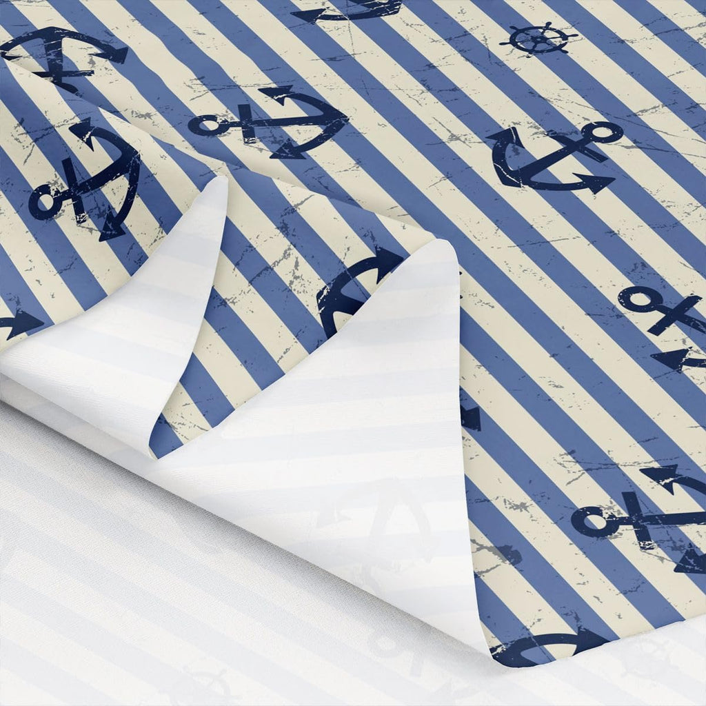 Nautical Fabric By The Yard, Ship Anchor Rudder Upholstery Fabric, Stripes Ocean Coastal Theme Decorative Fabric