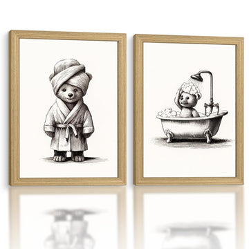 2Pc Framed Bathroom Wall Art Cute Bear Bath Canvas 16x24 Decor