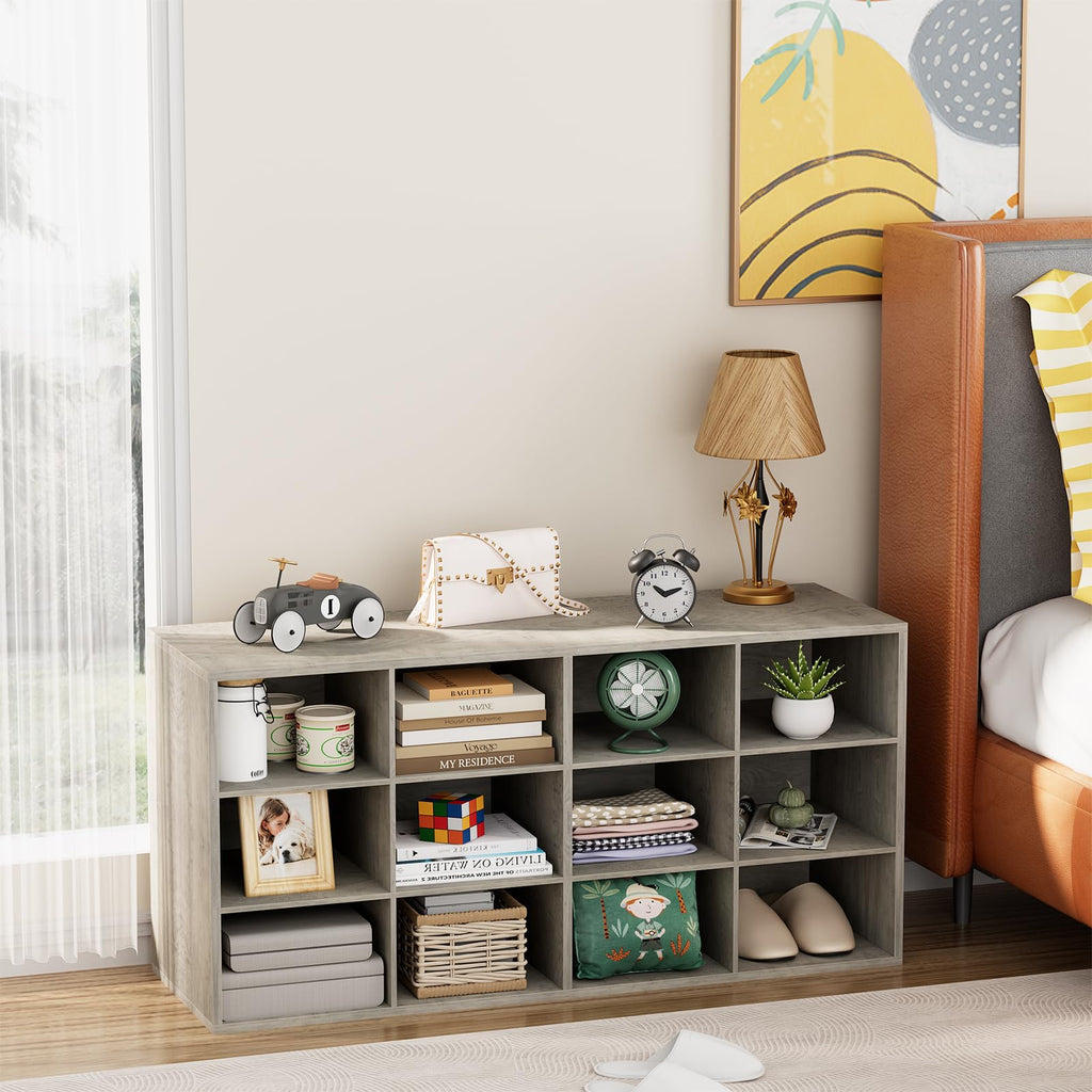 Shoe Storage Bench, Cubby Shoe Rack with 12 Cubbies, 3-Tier Wood Shoe Rack Organizer, Shoe Organizer Cabinet, Closet