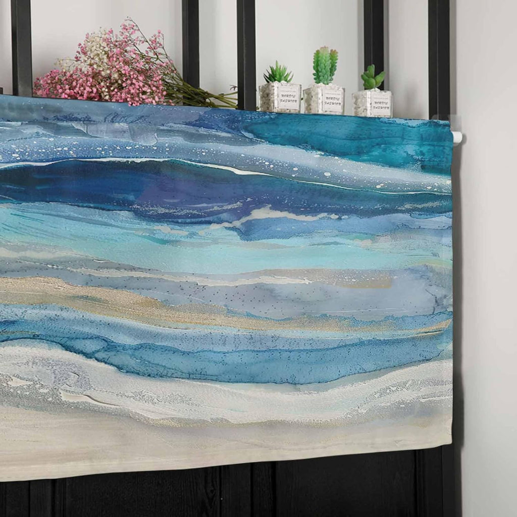Coastal Beach Valances - Navy Blue Kitchen Curtains - Abstract Blue Wave Window Treatment - Modern Ombre Valances