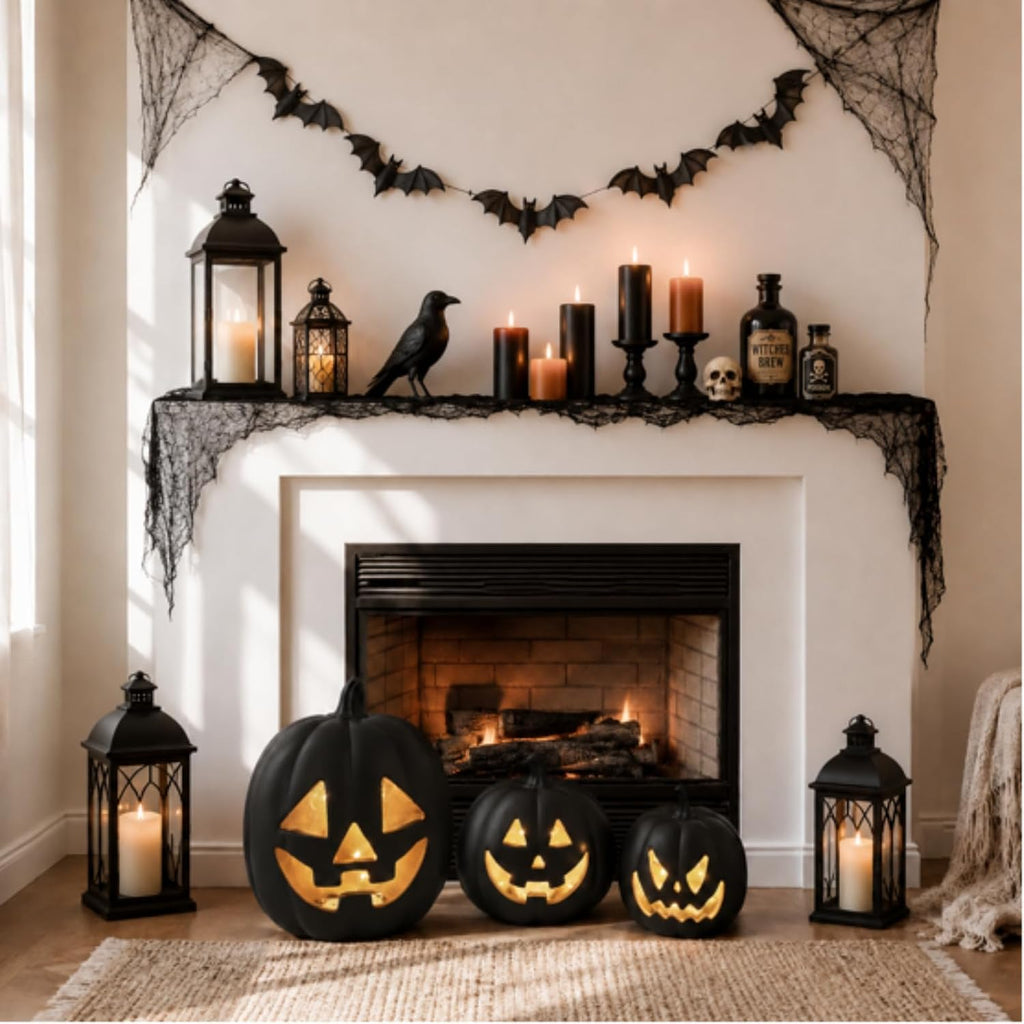 Resin Halloween Pumpkin Decor Pumpkin Lantern, Black - Set of 3