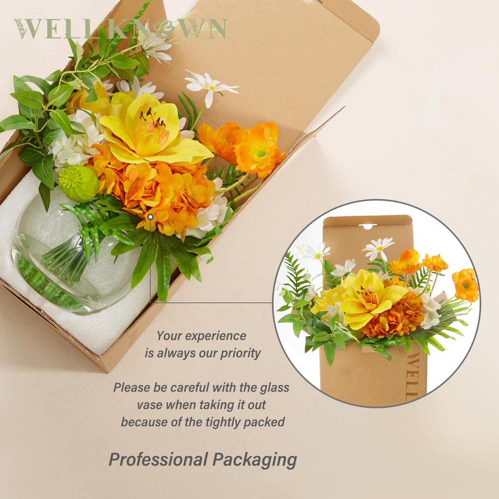 Artificial in Glass Vase for Dining Table Decor, Tropical Orange Orchid Flowers Bouquet Arrangement with Faux Water
