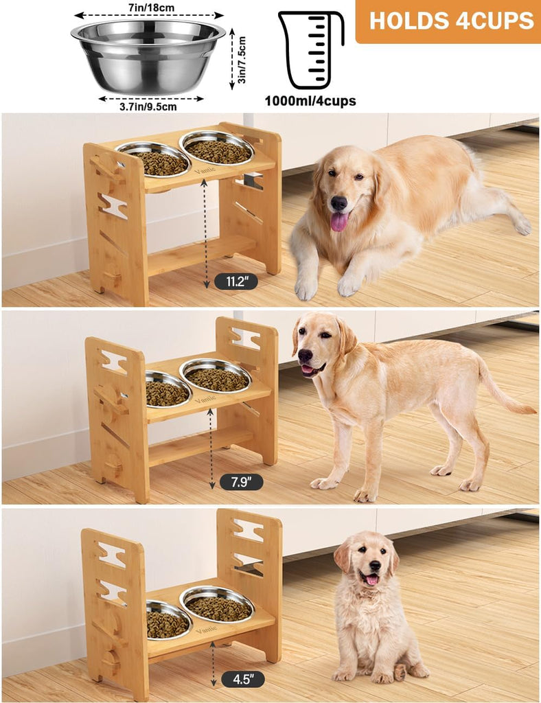 Elevated Dog Bowls, Raised Dog Bowl Stand Adjustable Medium, Natural