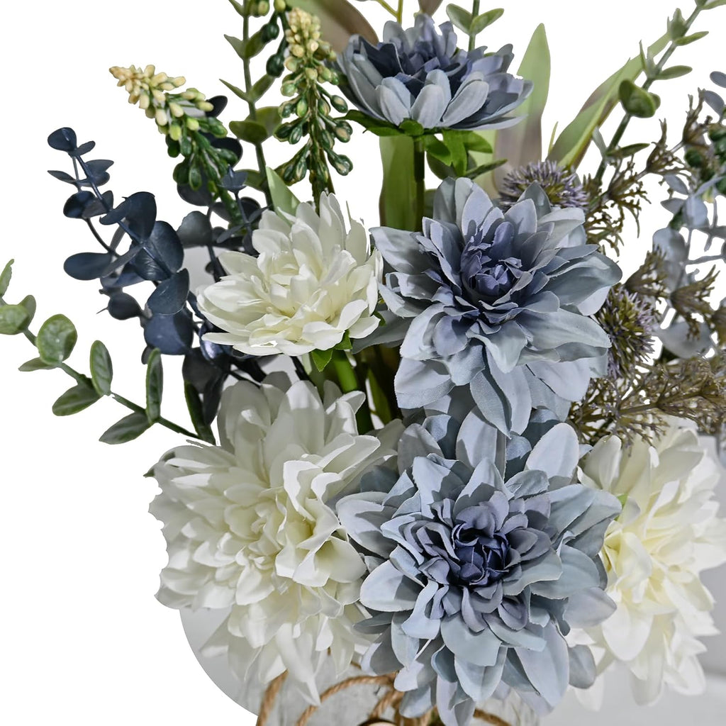 Artificial Flowers with Vase, Faux Dahlia Flower Arrangement in Glass Vase, Blue and White Silk Flowers