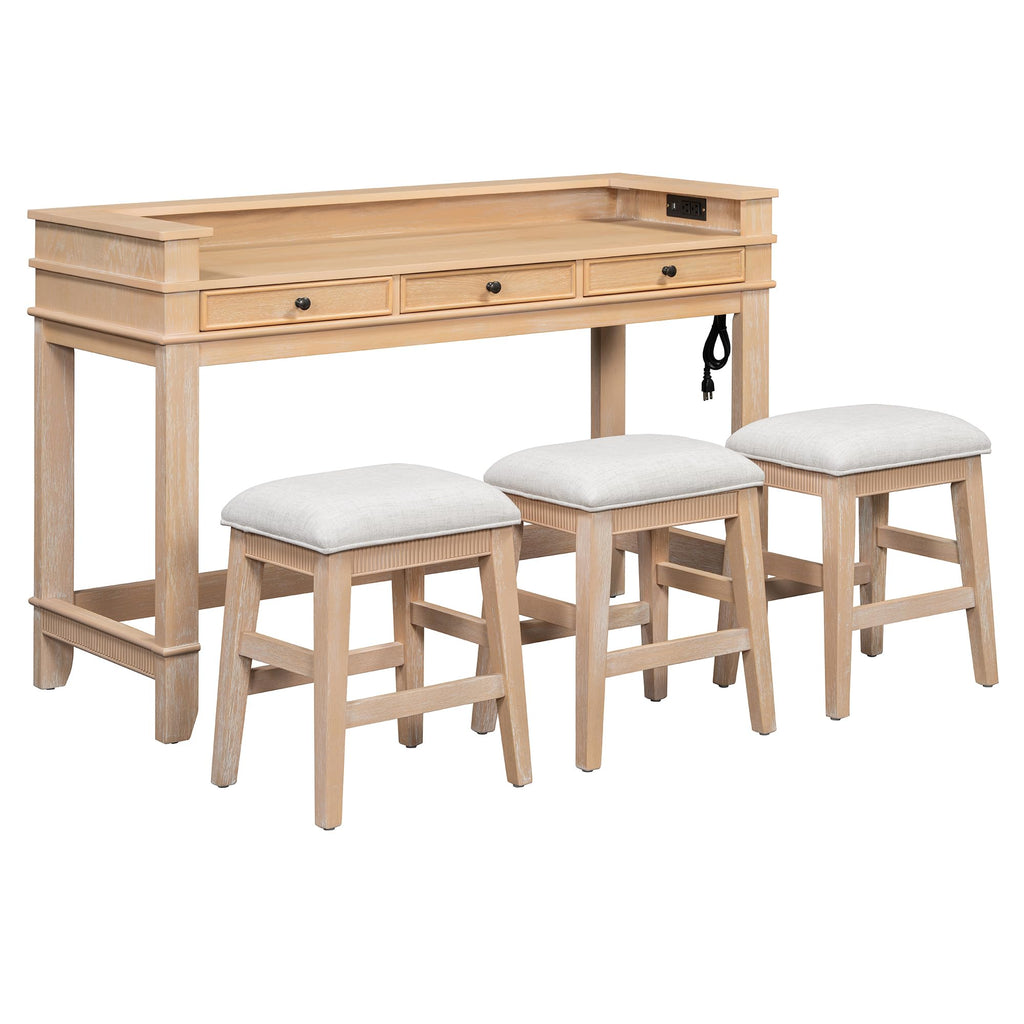 4 Piece Dining Table Set for 3, Counter Height Bar Table with 3 Upholstered Stools, Table & Chair Sets with 3 Storage
