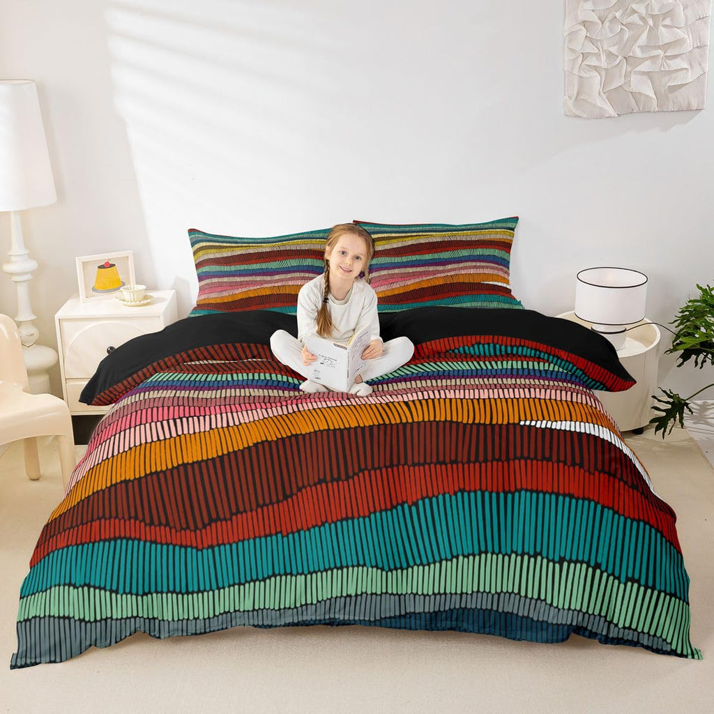 Boho Duvet Cover Queen Bohemian Wavy Bedding Set Rainbow Embroidered Waves Comforter Cover Geometric Tribal Ethnic