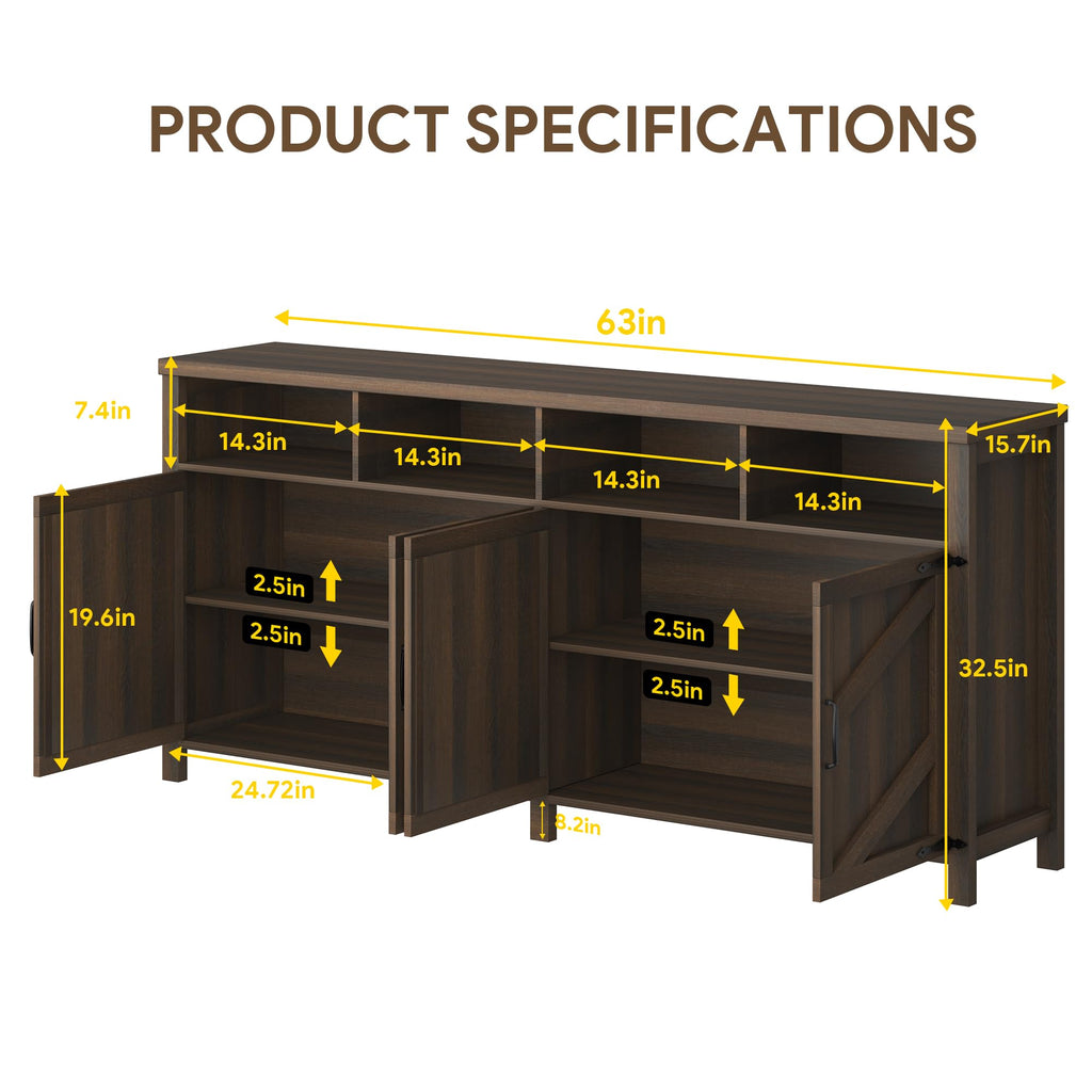Buffet Sideboard with Storage Farmhouse, Large Kitchen Storage Cabinet Wood Coffee Bar Cabinet Buffet, 63in, Brown
