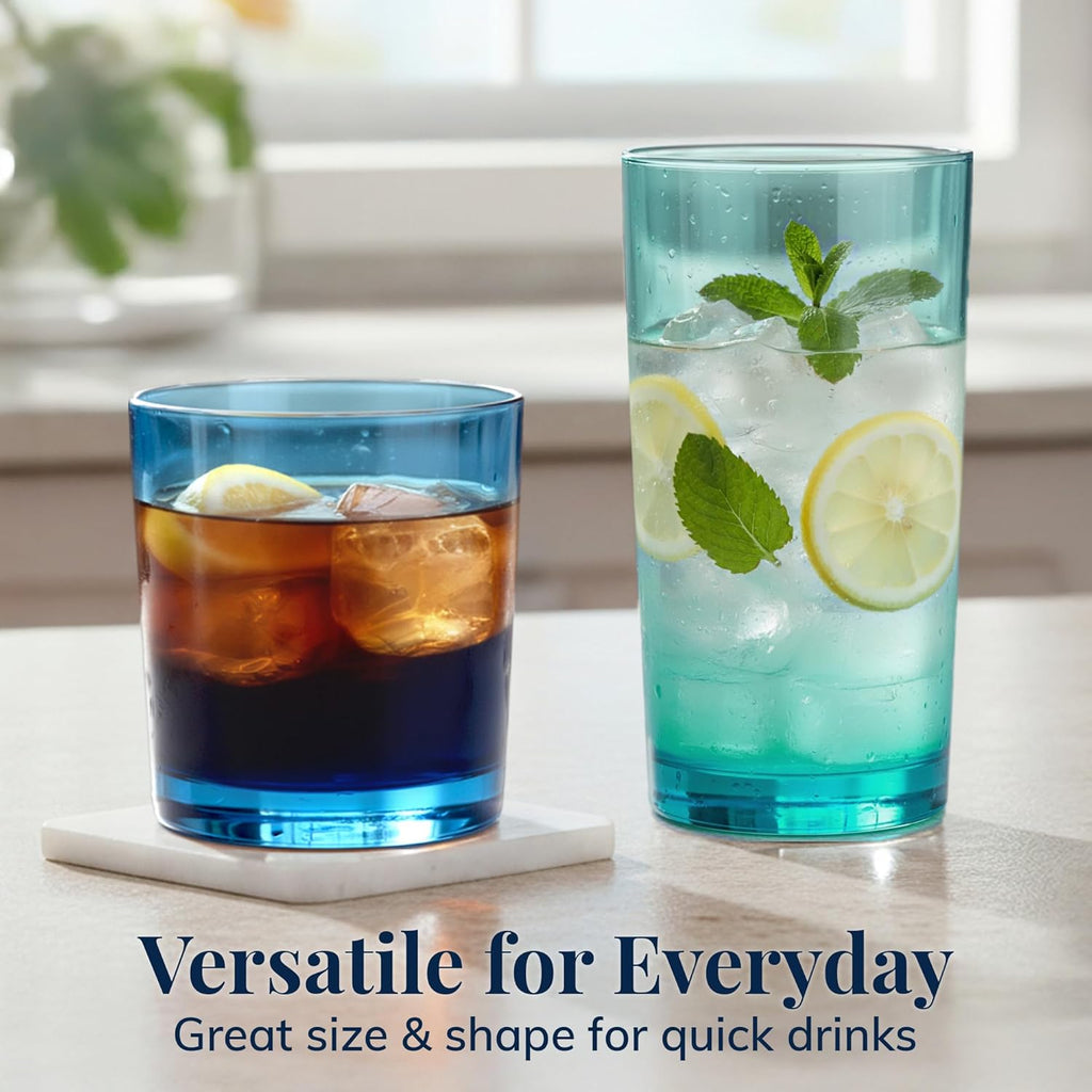 Classic Plastic Reusable Drinking Glasses (Set of 8) 12oz Rocks & 16oz Water Cups in Coastal Colors | BPA-Free
