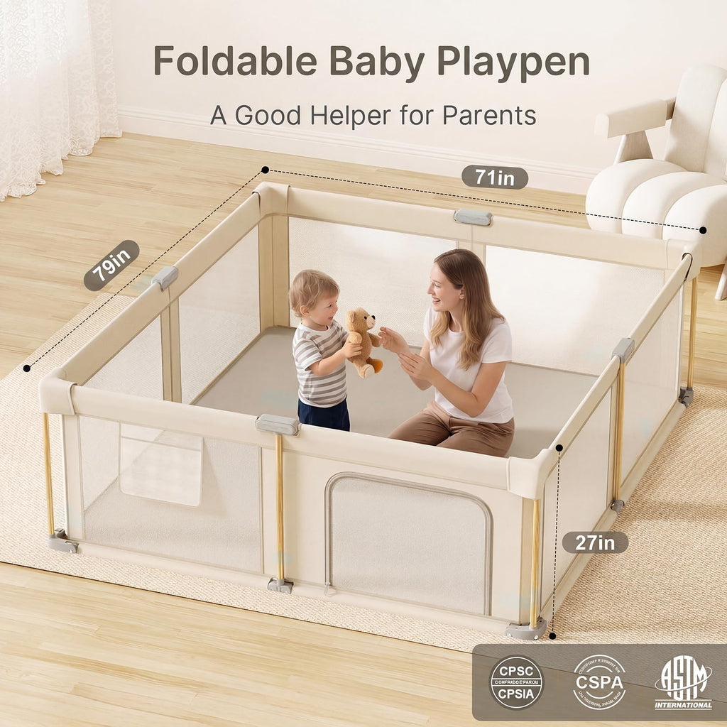 Foldable Baby Playpen with Mat, 71x79 Foldable Play Pen for Babies and Toddlers, Baby Playpen with Portable Design