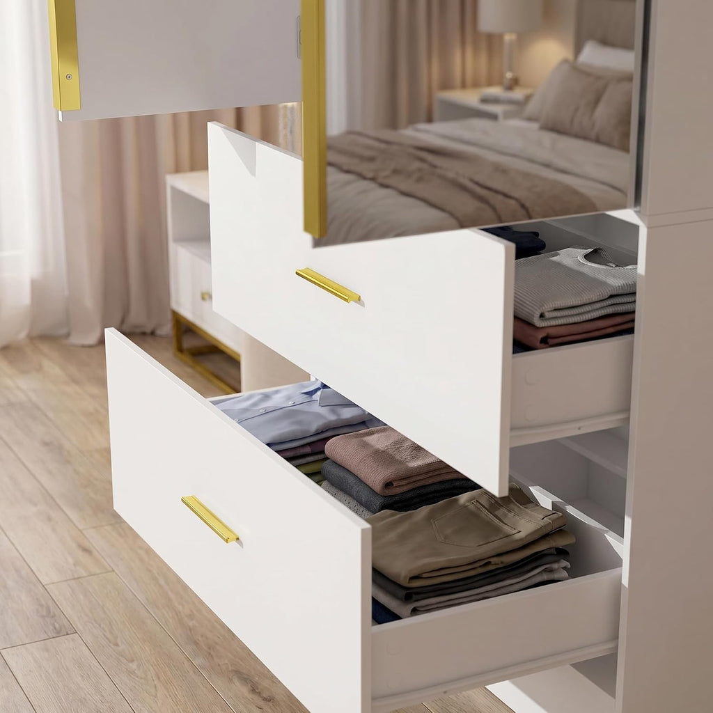 29.5" W Wardrobe Armoire with Mirror, Fluted Door & LED Light, Wooden Closet Storage Cabinet with Hanging Rod, 2
