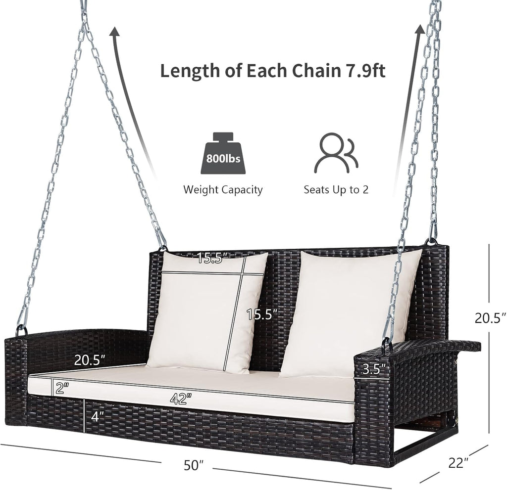 2-Seat Rattan Porch Swing, Wicker Outdoor Swings w/7.9 Ft Solid Metal Chain, Back & Seat Cushions for Garden