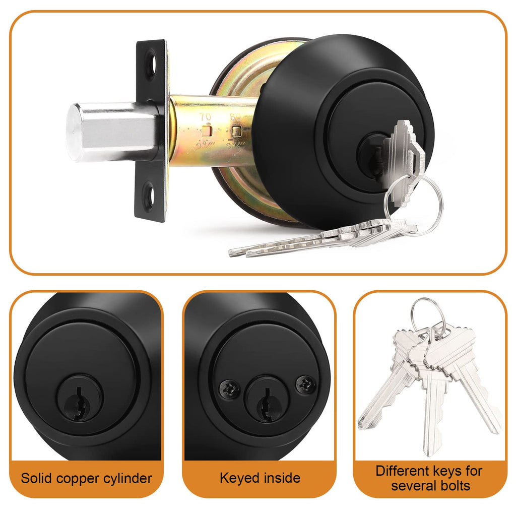 1 Pack Black Double Cylinder Deadbolt Lock Set, Round Keyed Both Side Door Lock for Exterior and Interior Door