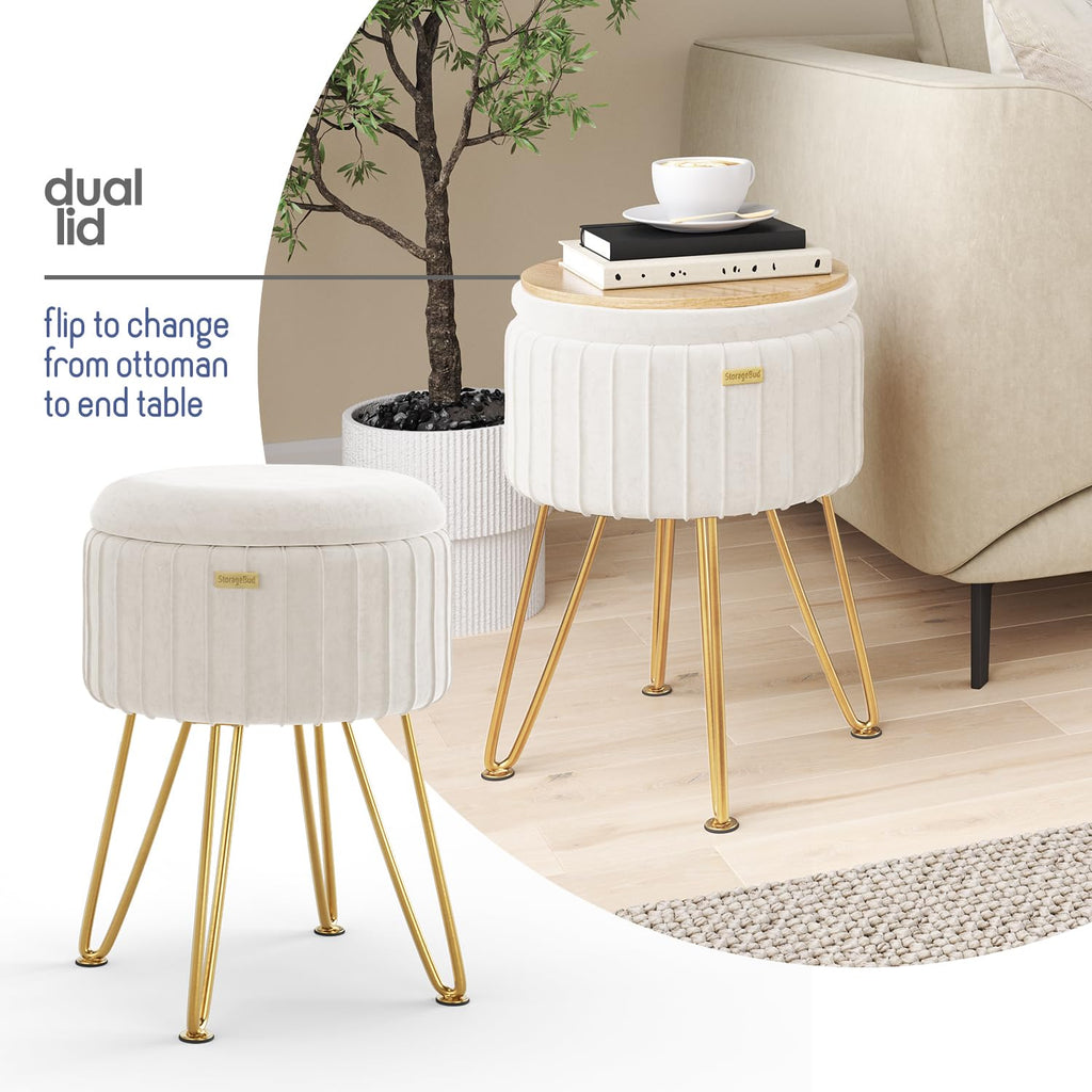 Round Ottoman with Storage, Pleated Velvet Storage Ottoman, Foot Stool Ottomans, Makeup Vanity Stool, Small Ottomans