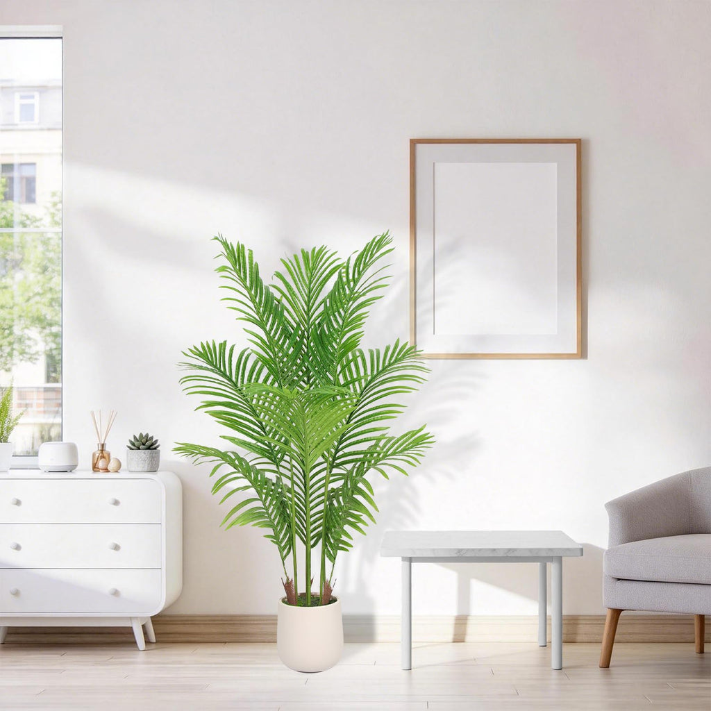 Artificial Palm Tree 4FT with White Planter, Faux Tropical Areca Floor Plant with Lifelike Green Leaves, Indoor Faux