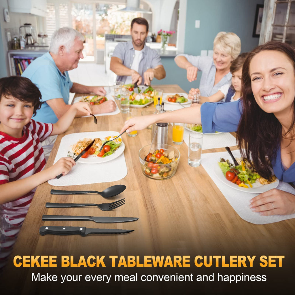 24 Piece Silverware Set for 4 With Steak Knives, Stainless Steel Black Flatware, Utensils, Tableware Cutlery , Hand