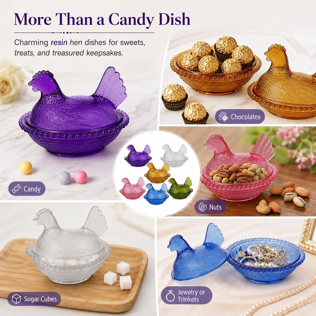 Chicken Shaped Crystal Candy Dish with Lid - Snack Bowl for Nuts, Dessert & Candy - Decorative Jar Kitchen, Office