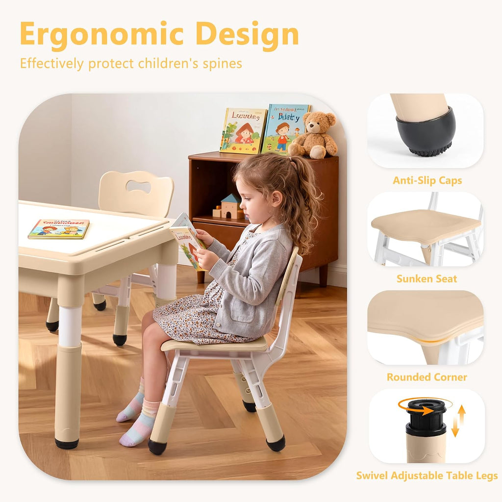 Kids Table & 2 Chairs Set, Adjustable Heights, Storage, Khaki