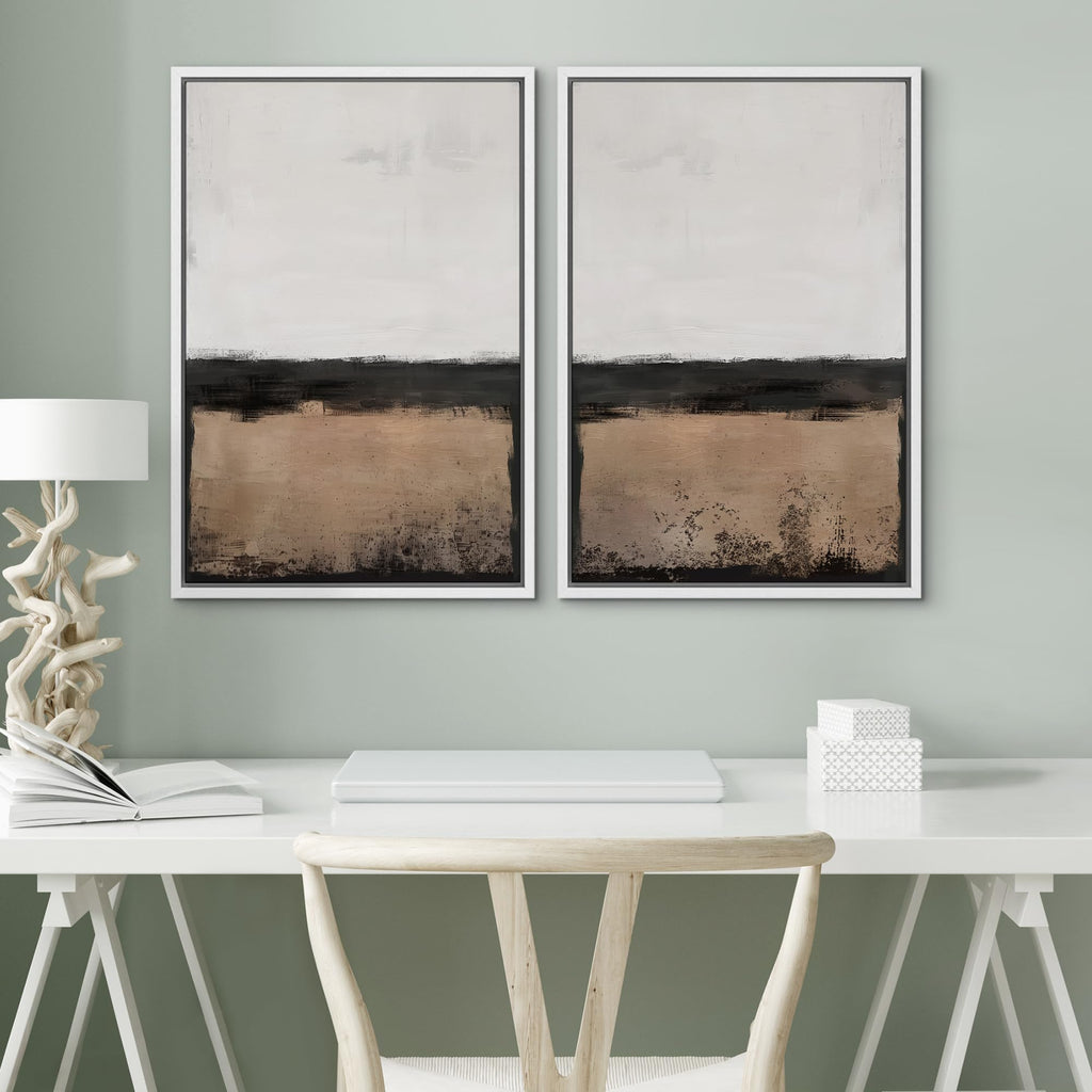 Framed Canvas Print Wall Art Abstract Landscape Neutral Tones with Horizon Line Illustrations Modern Art Decorative