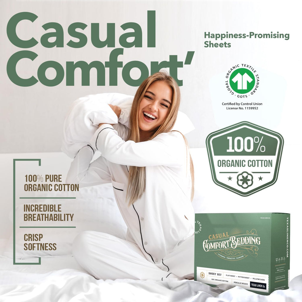 100% Organic Cotton Percale Sheets King Size - 4 PC White Organic Sheets King Set, Soft, Crisp & Cooling, Fully