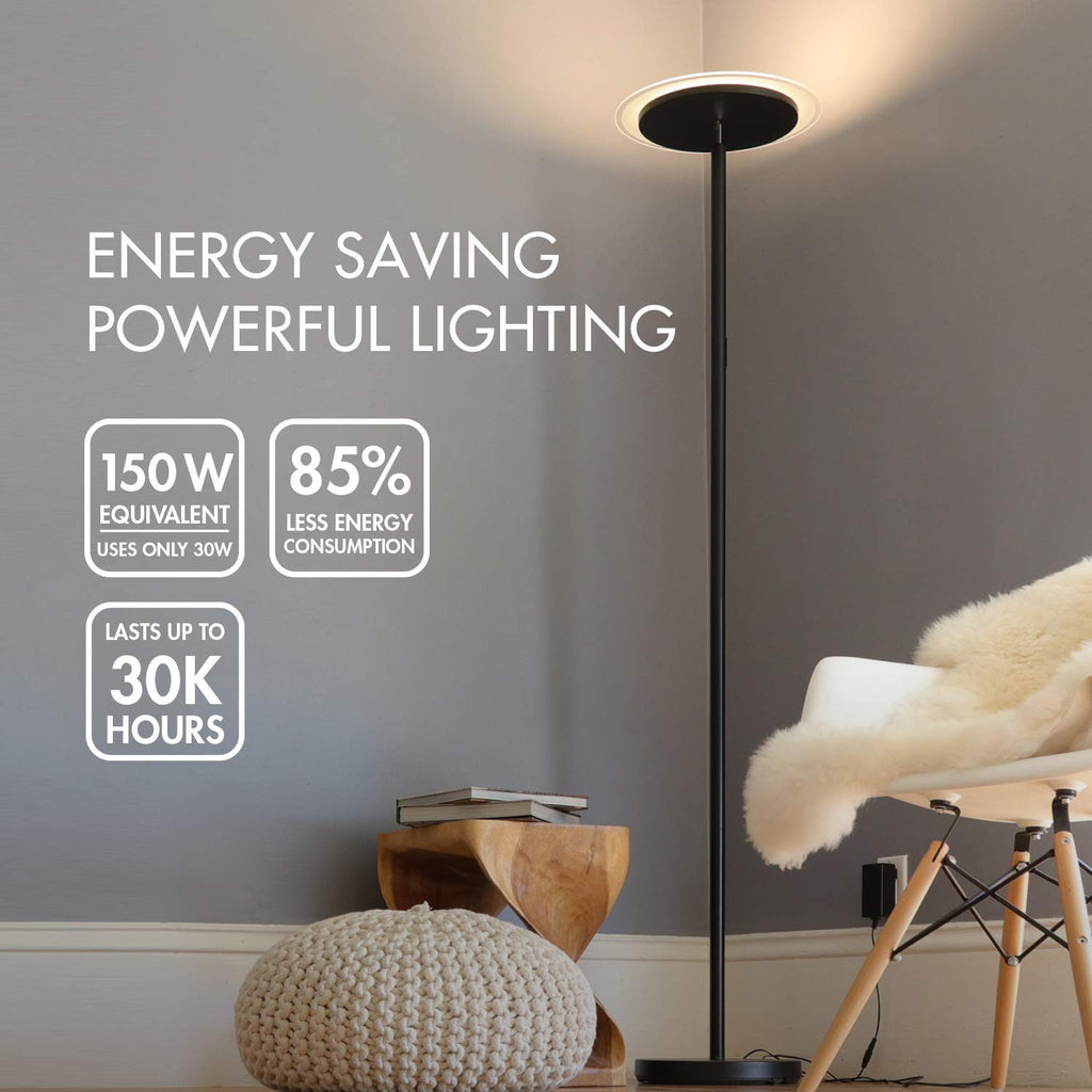 Torchiere Dimmable LED Floor Lamp, Remote Controlled 30W (150W Equivalent) Standing Lamp, 90° Adjustable Top, Wall