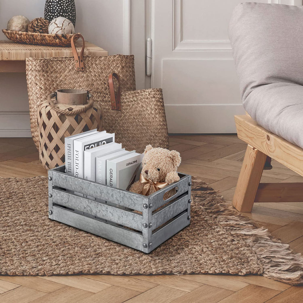 16-inch Rustic Silver Galvanized Metal Storage Crate Display Box with Vintage Corner Studs & Handles