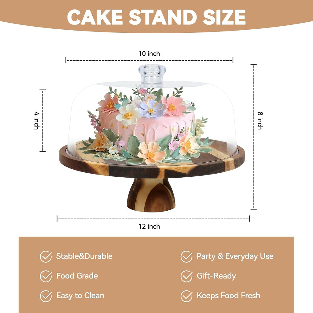 Acacia Wood Cake Stand with Lid - 12" Round Cake Holder & Dessert Stand, 2-in-1 Charcuterie Board & Serving Platter