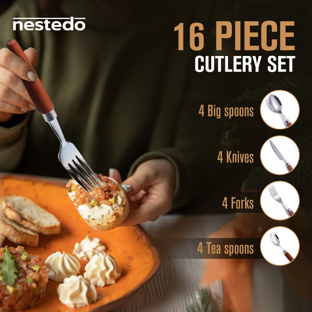 Wood Handle Silverware Set for 4, 16-Piece Stainless Steel Flatware