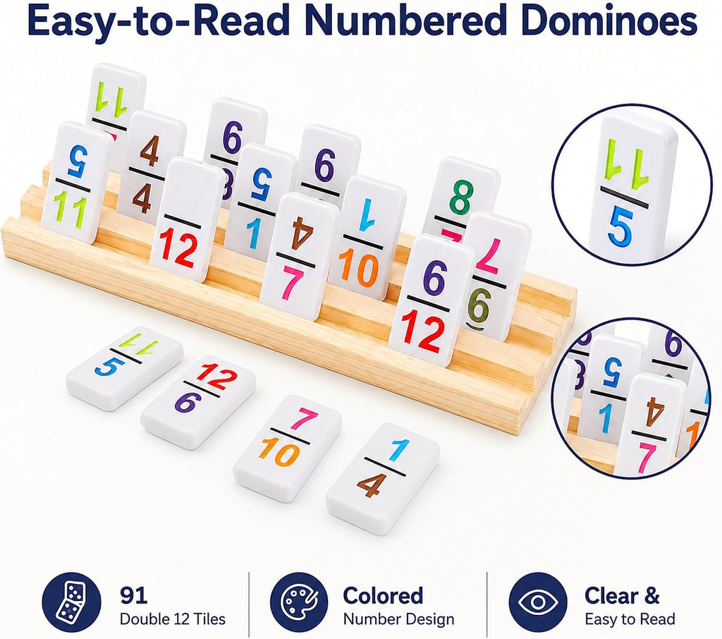 Mexican Train Dominoes Double 12, 91 Numbered Tiles, 8 Racks & Hub - Set of 101