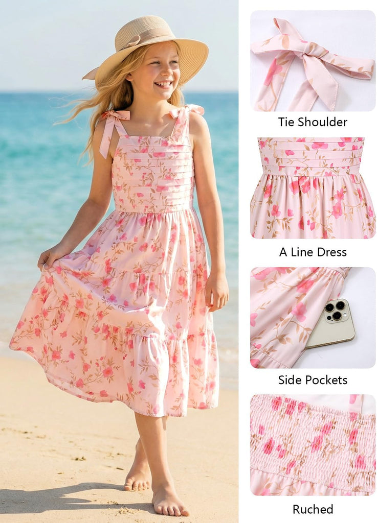 Floral Dress Summer Ruched Flowy Tiered Cami Dresses Beach Vacation Midi Sundress with Pockets