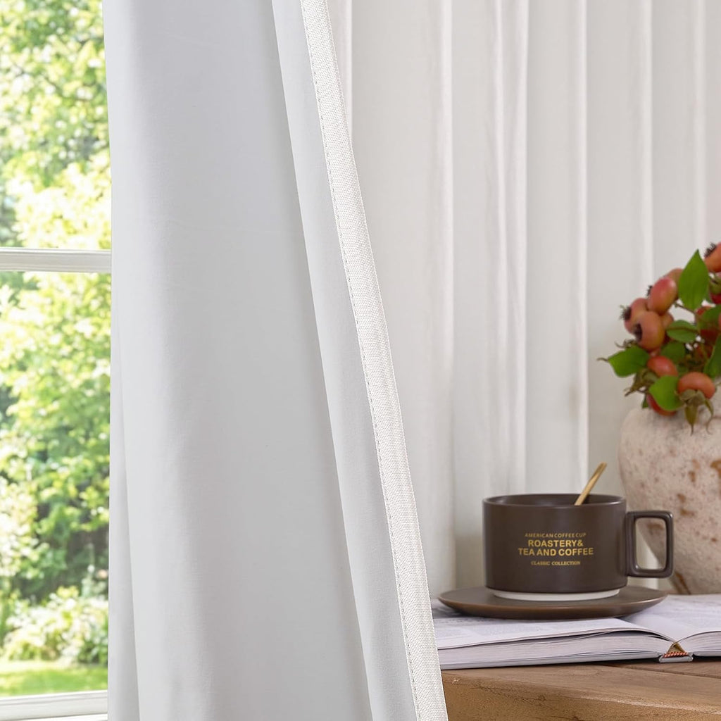 100% Blackout Curtains for Bedroom Decor White Linen Textured Curtains with Liner Insulated Thermal Curtains for