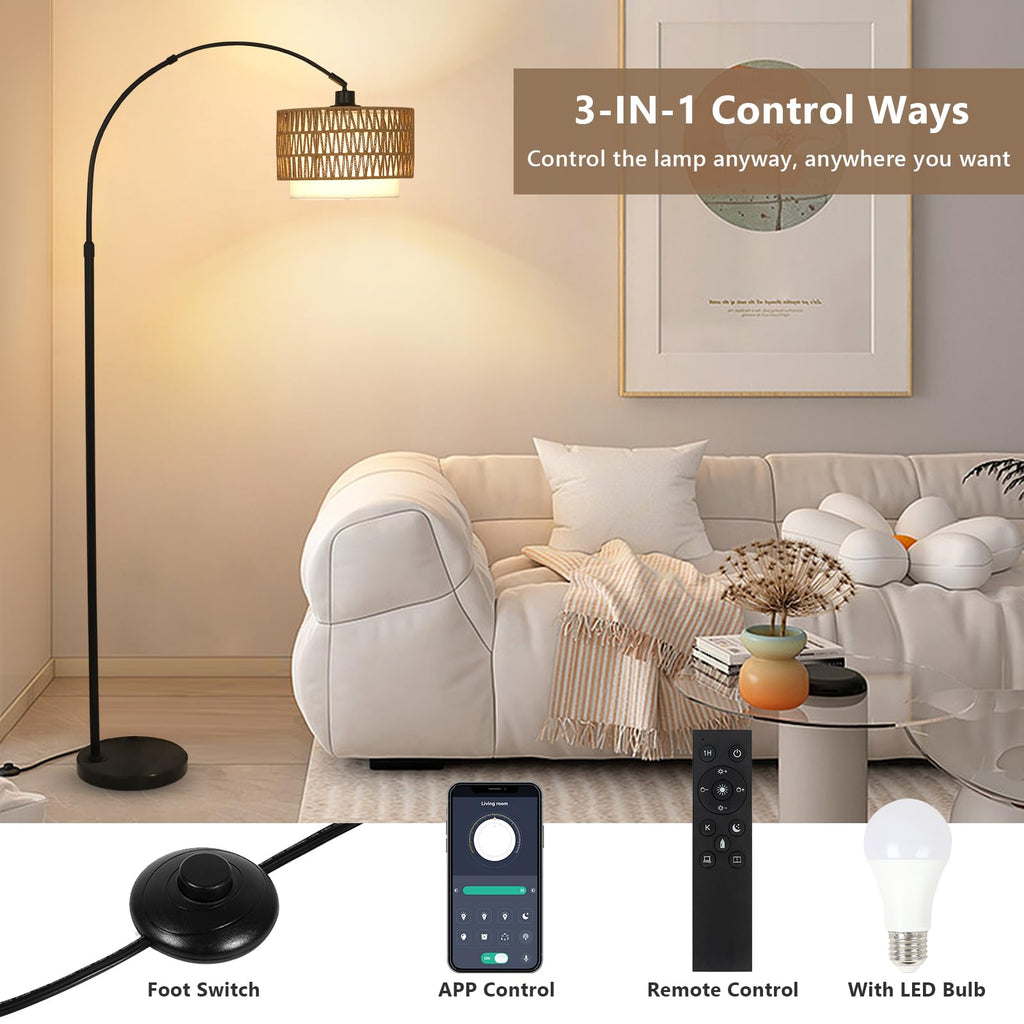 Arc Floor Lamp with Remote, Modern LED Floor Lamp with Dimmable Bulb, Boho Farmhouse Standing lamp with Fabric &