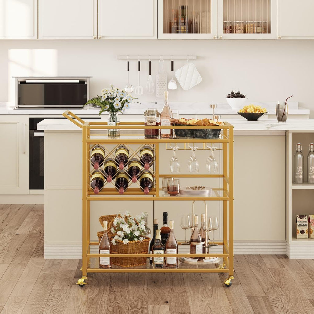 Bar Cart Gold, Home Bar Serving Cart with Wine Rack and Glasses Holder, Wine Carts on Wheels with 3 Tier Mirrored