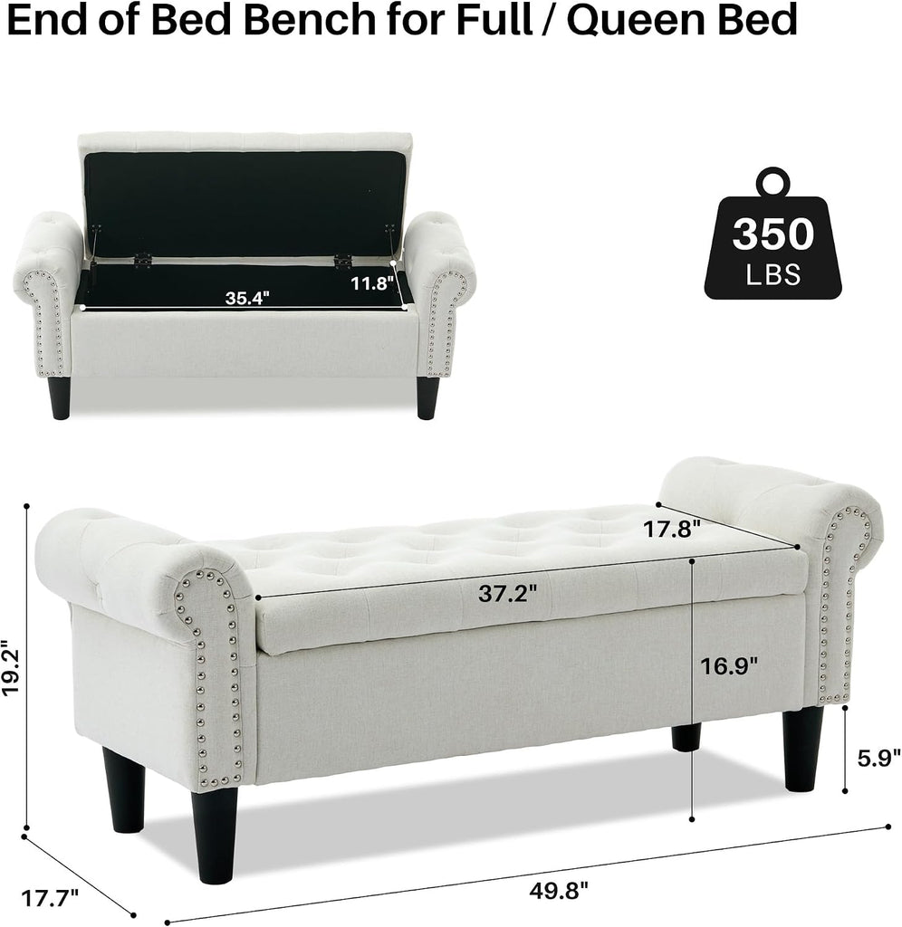 50" Storage Bench , Linen Upholstered, Beige | End of Bedroom Bed Bench Ottoman with Tufted Cushioned Rolled Arm