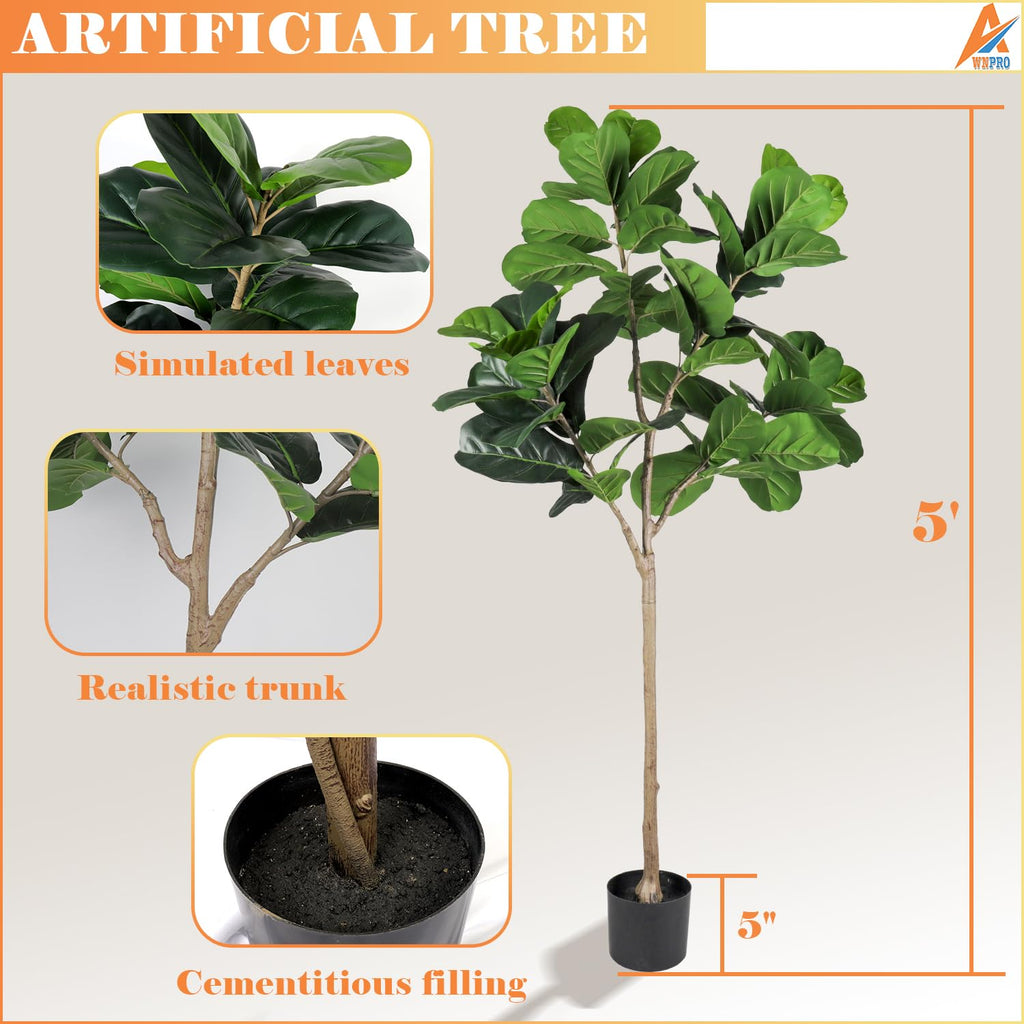 5 FT Artificial Fiddle Leaf Fig Tree, Indoor Simulation Plants, Large Tall Tree, Indoor Decorative Plants and Potted