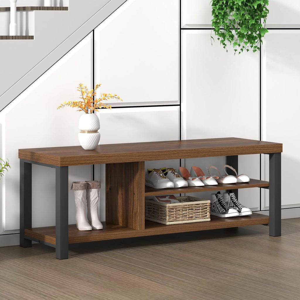 Entryway Bench, Modern Wood Shoe Bench Hallway, Industrial Indoor Shoe Storage Bench Seat, Rustic Walnut, 47 Inch