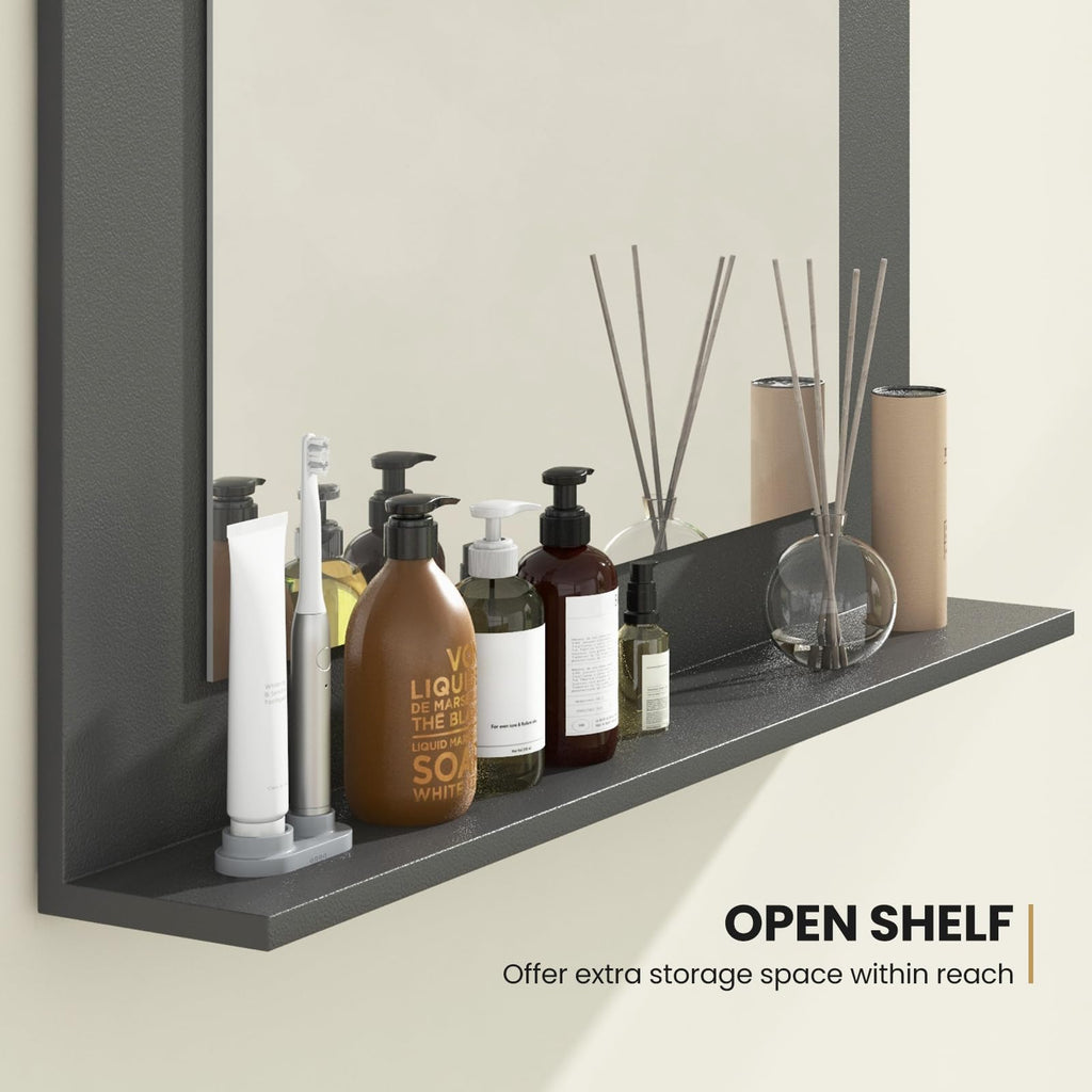 Bathroom Mirror with Shelf, 23.5" x 17.5" Rectangle Wood Frame Bathroom Vanity Mirror for Over Sink, Wall Mounted
