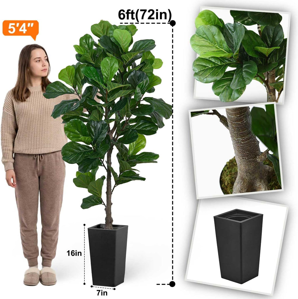 6ft Artificial Fiddle Leaf Fig Tree Decor, 6 ft Large Faux Plant Fake Ficus lyrata Silk Trees with Pot Outdoor House