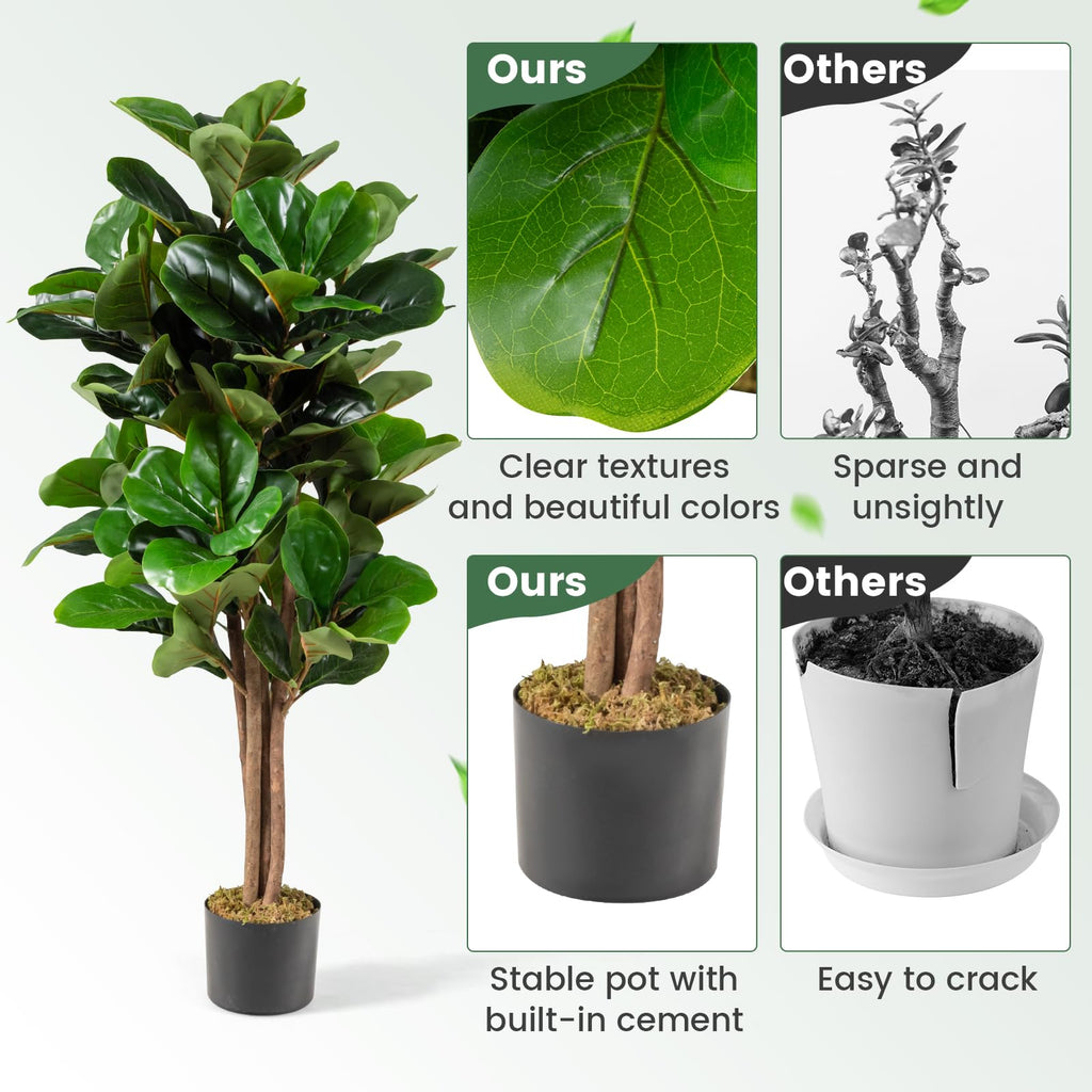 4 FT Artificial Greenery Tree, Indoor Fake Fiddle Fig Tree Plants in Pot, Faux Ficus Lyrata Tree Decoration