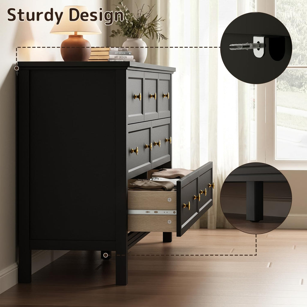 55" Black Dresser with 7 Drawers & Modern Gold Handle