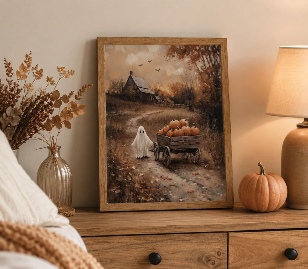 Framed Ghost Pumpkin Wall Art Vintage Halloween Canvas Print Rustic Farmhouse Autumn Cottagecore Spooky Countryside