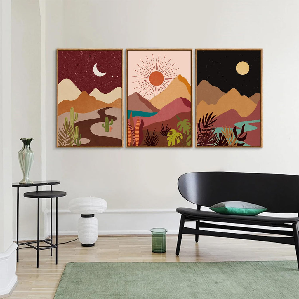 Boho Desert Framed Canvas Wall Art Set of 3, Colorful Sun and Moon Art Prints, Bohemian Modern Cactus Art Paintings