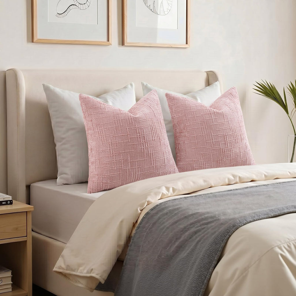 Textured Chenille Throw Pillow Covers 16x16 Set of 2 Light Pink