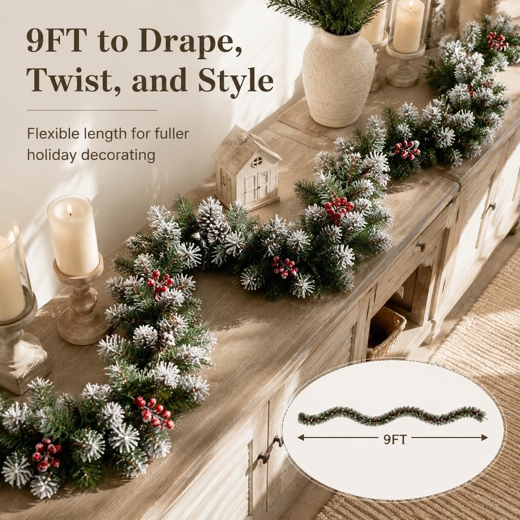 9FT Pre-Lit Artificial Christmas Garland with 50 Lights, Snow Garland Decorated with Pine Cones and Red Berries